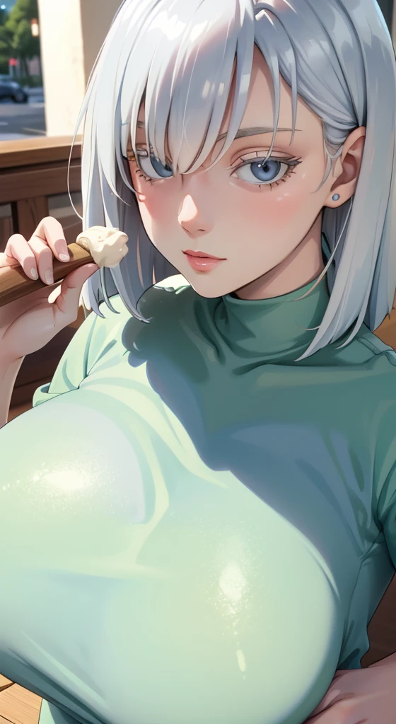 Close-up of a person holding an ice cream cone, Sweet girl, Woman with wavy silver hair, bangs,  light blue eyes , Soft green dress, gigantic breast