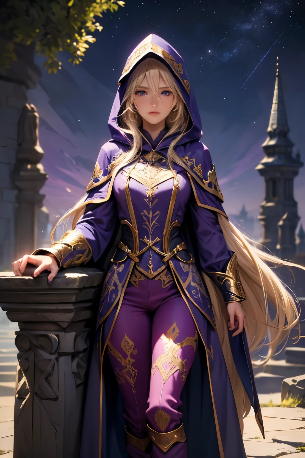 A beautiful girl, long hair, blonde hair, (detailed face: 1.4), (dressed in a blue cloak, hood covering the face), blue eyes, perfect nose, pink lips, (purple shirt with gold drawings), medium breasts, (purple pants with gold drawings), (full body), (standing on a stone), at night, cliff, flashes of light,