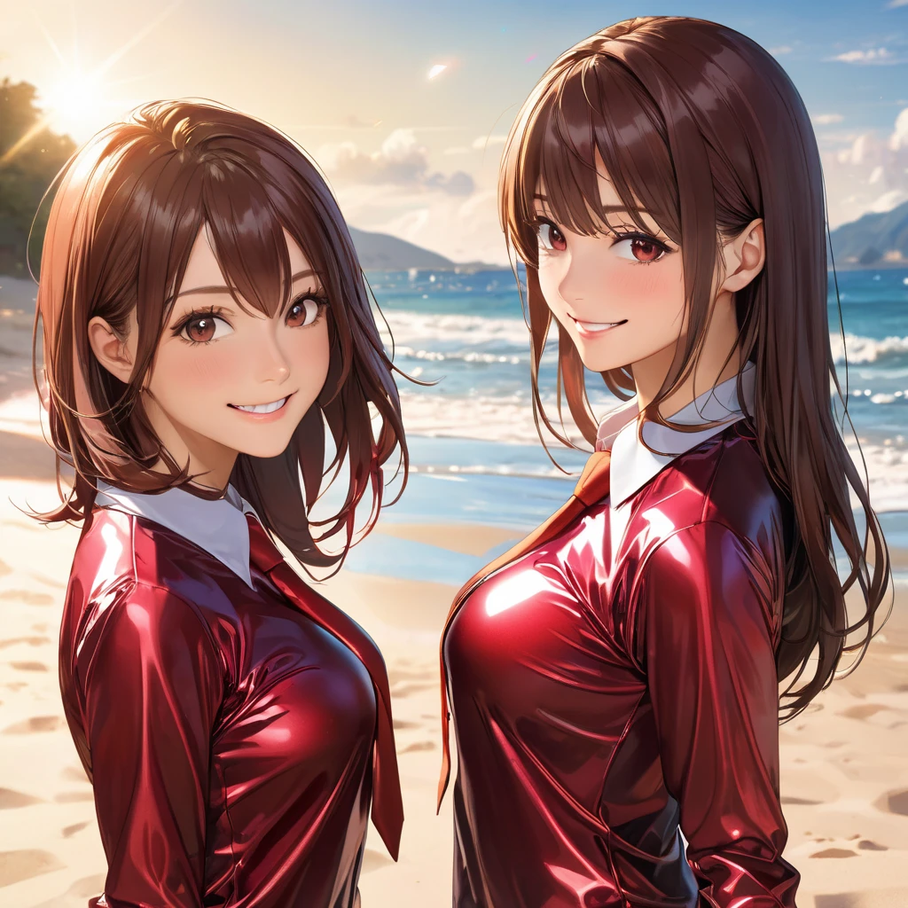  2 girls in extremely tight shiny dark red metallic blouse buttoned,Necktie, high resolution ,  masterpiece, volumizing hair, Pointed hair ,  brown hair , Breasts, smile, Lens reflection, Reflected light, are on the beach, Play volleyball 