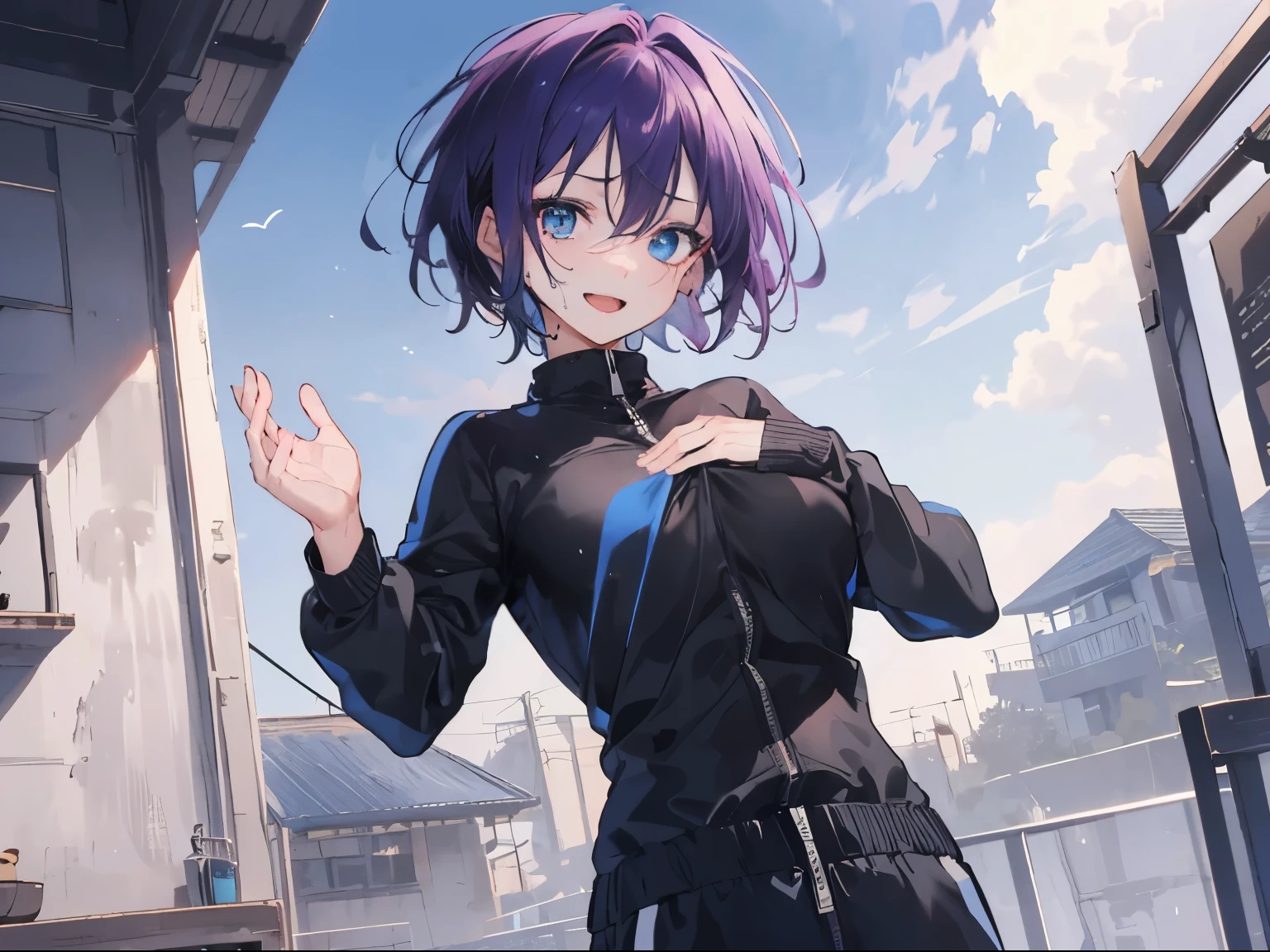 (open mouth, gentle smile), 1 girl, upper body, (facing viewer, looking viewer), (blue eyes), ((sanpaku)), (purple hair, straight hair, very short hair, large breast), (((black sweatsuit))), (promenade, outdoor), Sharp Focus, (Best Quality, masterpiece, detailed, facial focus), (solo shot), standing straight, ((waist)), sweat, standing straight