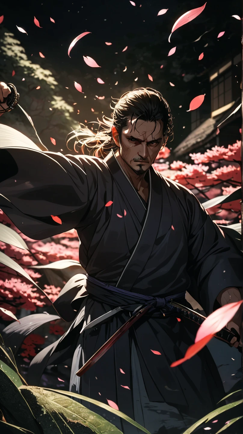 score_9, score_8_up, score_7_up, man with black jinbei, unsheathing a katana in front of his face, sakura petals flying around, serious face, Black eyes, Dark Background, Mystical Light Falls on samurai, intricate details, Epic picture, Epic scene, dramatic lighting, high budget, bokeh, cinemascope, moody, epic, gorgeous, film grain, grainy, masterpiece, best quality, perfect anatomy, very aesthetic, official art, 8k, Shine,