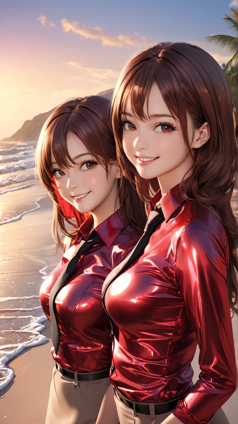  2 girls in extremely tight shiny dark red metallic blouse buttoned,Necktie, high resolution ,  masterpiece, volumizing hair, Pointed hair ,  brown hair , Breasts, smile, Lens reflection, Reflected light, are on the beach, 