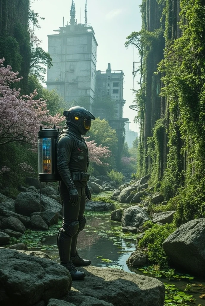 ((masterpiece)) ((photography)) ((Highest quality)) In a dystopian future where an environmental catastrophe has caused societal collapse, a scientist explores a ruined Japanese city overtaken by lush vegetation. He wears a high-tech protective suit with a glowing helmet visor and carries a cylindrical tank filled with biological samples designed to purify the air and regenerate the soil. The overgrown cityscape features crumbling skyscrapers wrapped in vines, sakura trees blooming amidst the ruins, and water-filled streets reflecting the decaying structures. The scientist examines old artifacts, searching for clues about the former inhabitants, with a mix of hope and urgency in his posture. The atmosphere is both haunting and serene, with a focus on humanity's resilience against nature's reclamation.