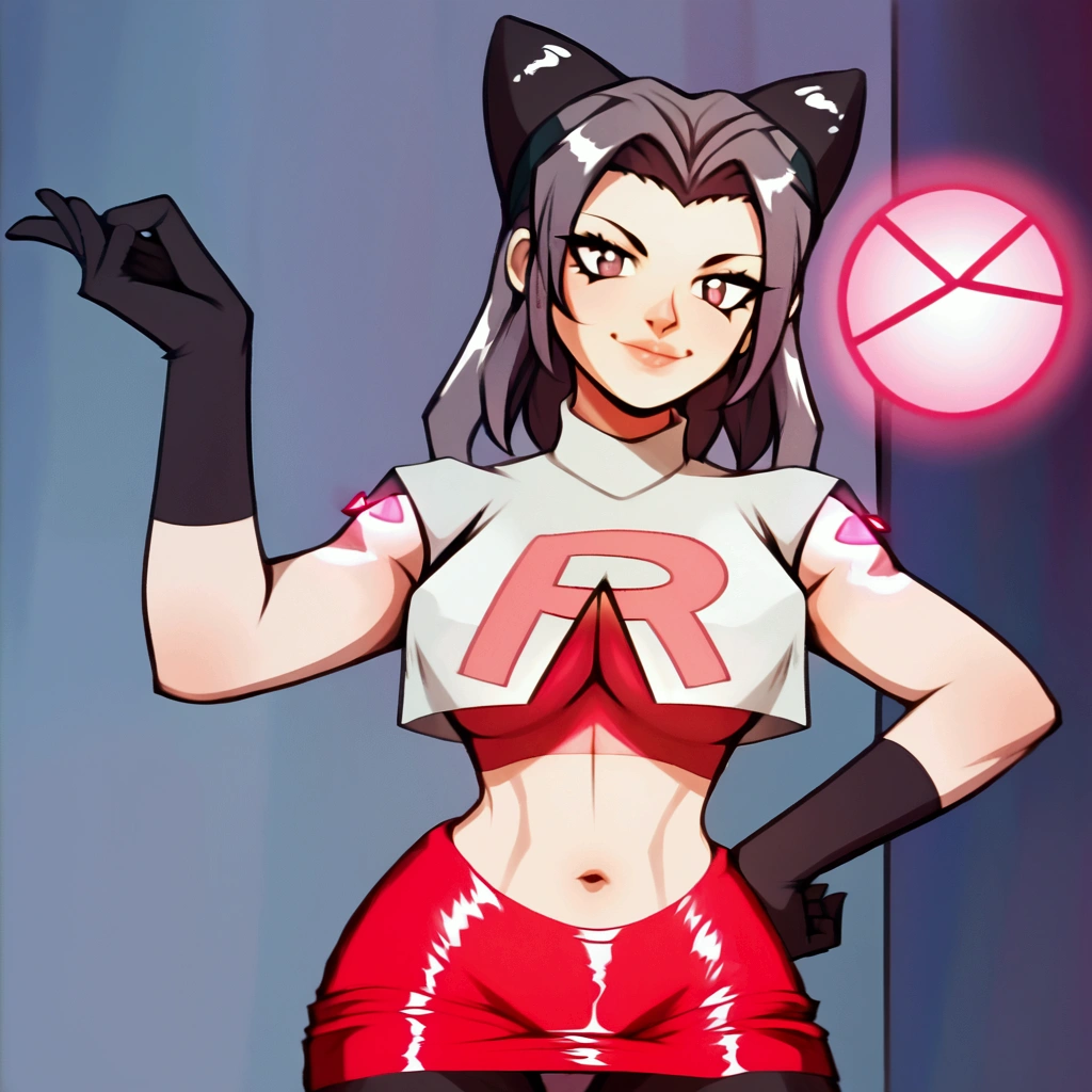 (realistic:1.5) Woman wearing Team Rocket,uniforme do Team Rocket,White skirt,red letter R,crop top, black tights , black elbow gloves ,