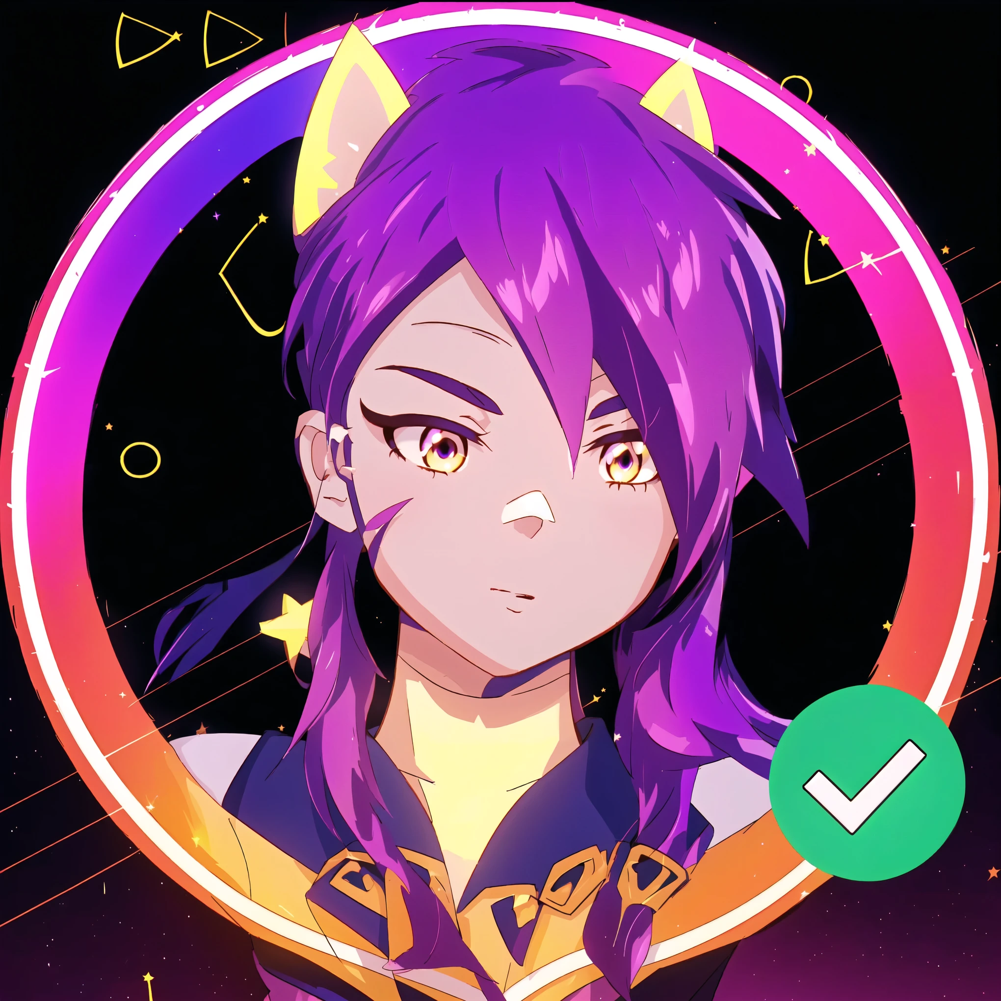 a cartoon girl with purple hair and a yellow shirt, discord profile picture, no sky, sky witch, anime style. 8k, star guardian inspired, discord pfp, valkyrie style character, 8 k highly detailed ❤🔥 🔥 💀 🤖 🚀, upper body 2d game avatar, high quality anime artstyle, profile picture 1024px, sky night