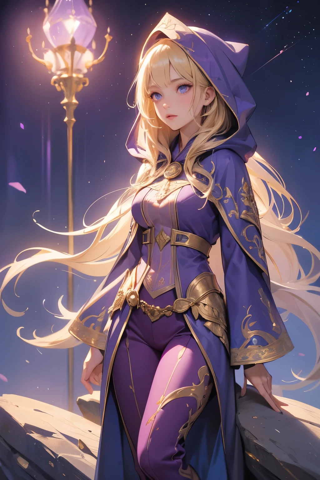 A beautiful girl, long hair, blonde hair, (detailed face: 1.4), (dressed in a blue cloak, hood covering the face), blue eyes, perfect nose, pink lips, (purple shirt with gold drawings), medium breasts, (purple pants with gold drawings), (full body), (standing on a stone), at night, cliff, flashes of light,