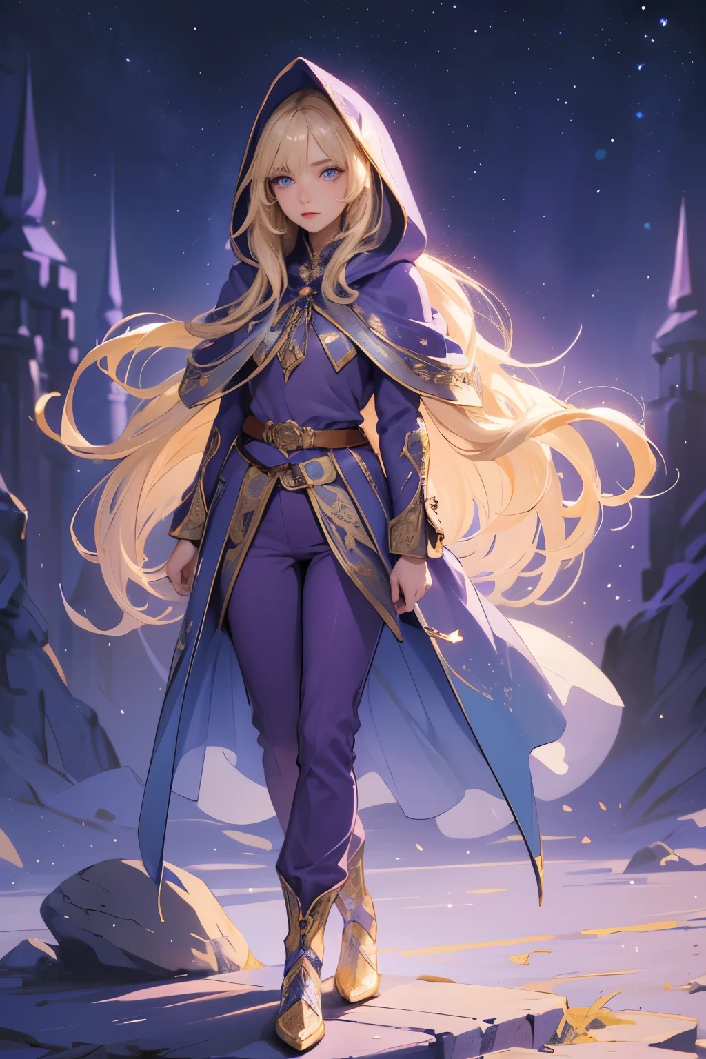 A beautiful girl, long hair, blonde hair, (detailed face: 1.4), (dressed in a blue cloak, hood covering the face), blue eyes, perfect nose, pink lips, (purple shirt with gold drawings), medium breasts, (purple pants with gold drawings), (full body), (standing on a stone), at night, cliff, flashes of light,