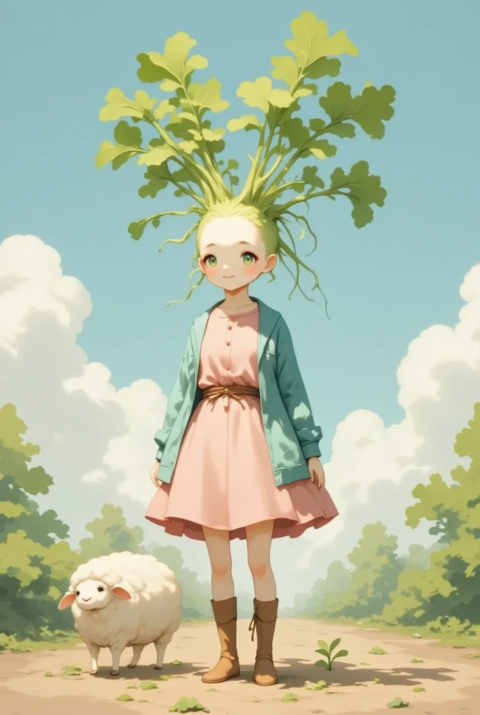 gnawed by 、 cute daikon woman with green leaf hair,  pink dress,  sky blue cardigan ,  brown boots ,  sheep standing in the dirt