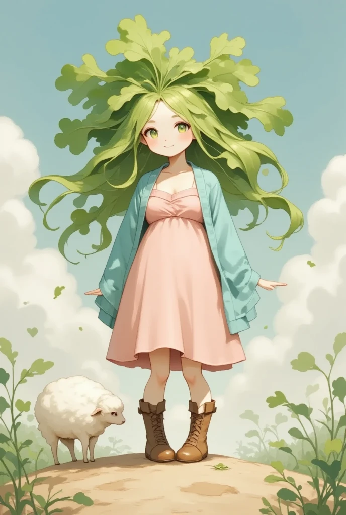 gnawed by 、 cute daikon woman with green leaf hair,  pink dress,  sky blue cardigan ,  brown boots ,  sheep standing in the dirt