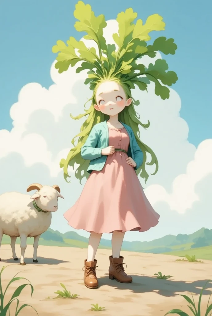 gnawed by 、 cute daikon woman with green leaf hair,  pink dress,  sky blue cardigan ,  brown boots ,  sheep standing in the dirt