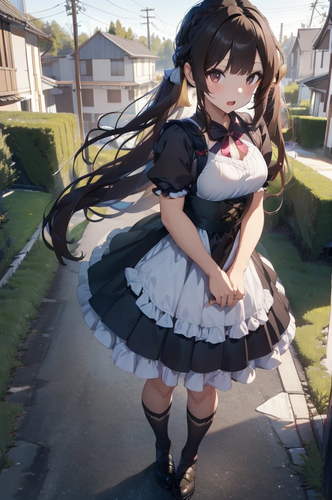 a beautiful girl ,sushang, long hair, twintails, darkbrown hair, medium breasts, pantyhose, hairclip, open mouth ,wearing a japan maid dress , black lolita overknee stocking , wearing a lolita shoe , standing in front of a house ,at sunset time.