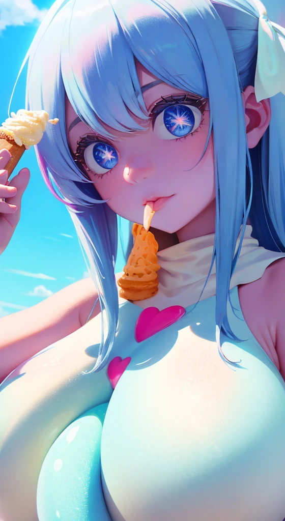 Cute anime girl with pink and cotton candy blue hair, hugging a jellyfish plush, wearing a blue bikini with big boobs big butt