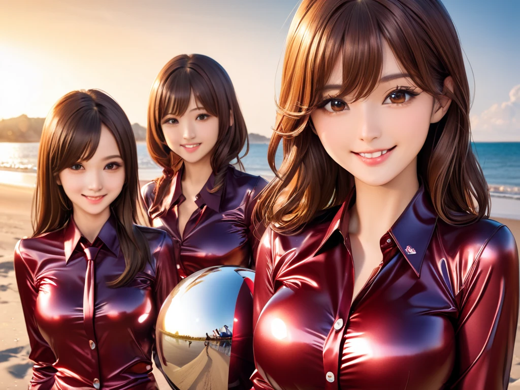 4 girls buttoned in extremely tight shiny dark red metallic blouse,Necktie, high resolution ,  masterpiece, volumizing hair, Pointed hair ,  brown hair , Breasts, smile, Lens reflection, Reflected light, are on the beach, Play with the ball 