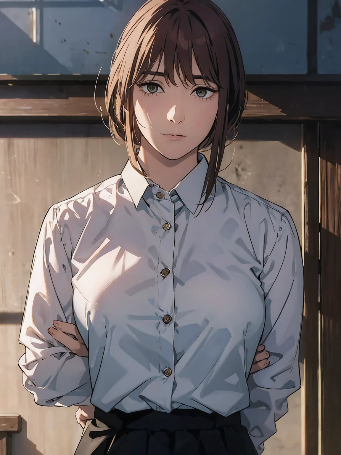 ( Front View ) Woman standing with her hands together in front of her chest, (Makima、 shirt,  ties, pants:0.5) (Realistic detailed face), ( High Details ), , Symmetrical face, Detailed Students, 's expressive eyes , Real Photo, Contemporary look, 
