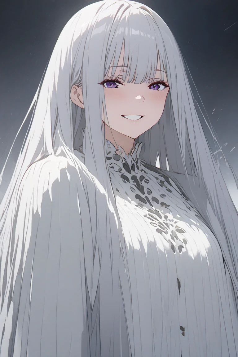 Frielen、 1 girl,  high definition ,  long hair, chest,  smiles,  anatomically correct ,  best quality,  Silver Hair,  ahe face,  simple background, 