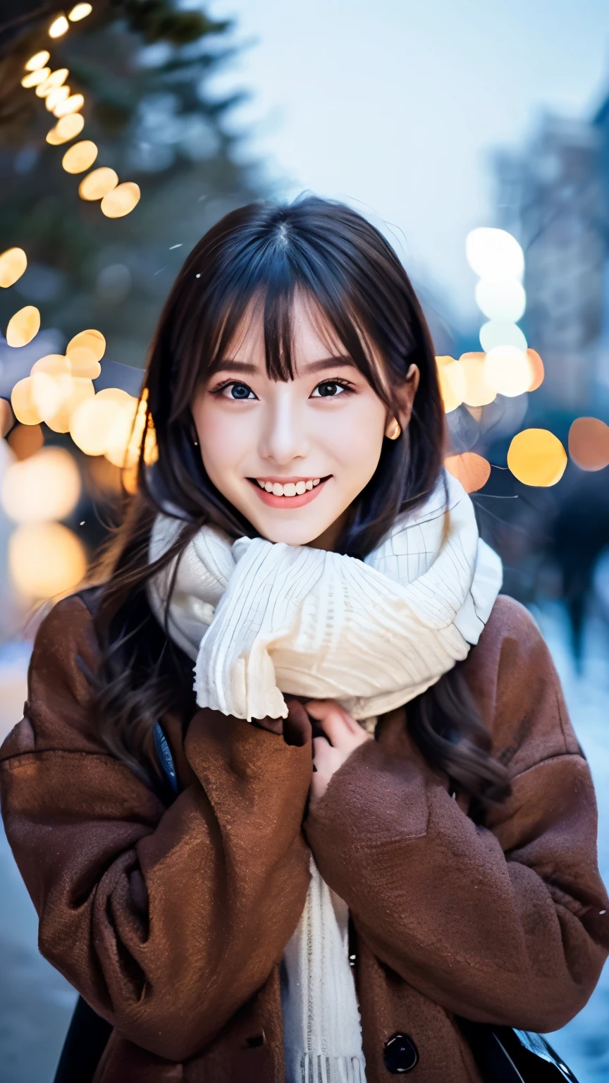 (Wore a winter uniform and scarf coat、 Close-up portrait of a girl with long hair and dull bangs:1.5)、(one person*** wearing a winter uniform and scarf coat spreads her arms and has a shy smile :1.5)、Age 25、( Christmas decorations on a street corner on a snowy winter night :1.5)、(perfect anatomy:1.3)、( completely up to your fingertips :1.3)、Photographically、photo shoot、masterpiece、top-quality、 high definition , Delicate and beautiful、 perfect face、 Beautiful detailed eyes 、 white skin、 Real Human Skin、pores、((Thin legs))、( dark haired)、 realism, 8k full body portrait, Beautiful Women, attractive expression, 20 years old, Tokyo Eight Cities , Winters, Shibuya Background, Fantasia de Cena de Inverno , Senior Artist , Santa Claus's Workshop , , , A Snowy Winter Christmas Eve ,, City Hut , beautiful artist rendering, !!beautiful!!, Thomas Kinkade