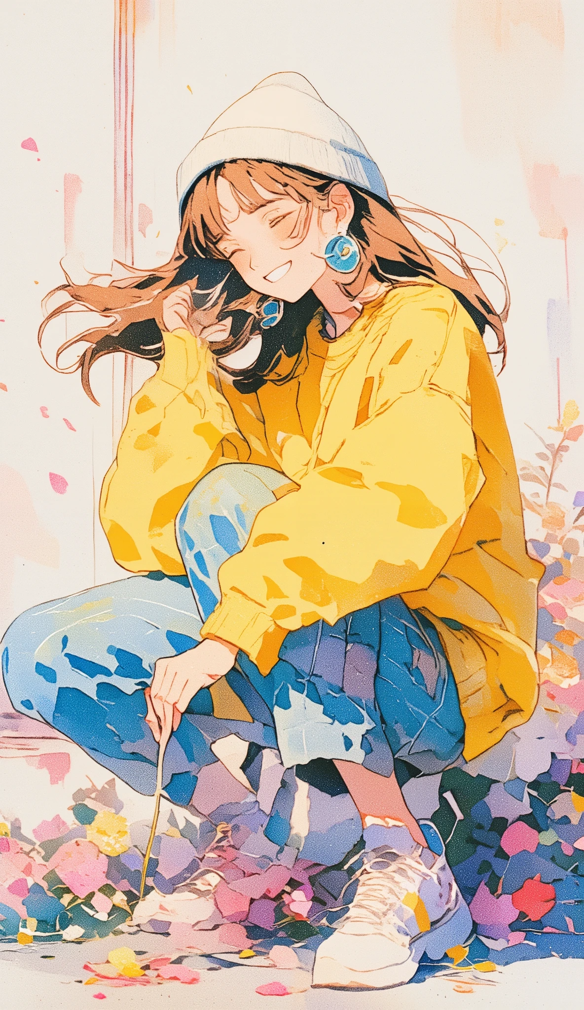  full body shot  , she is crouching down with her hands picking flower petals from the ground ,  while rain of rose petals falls  ,  a cartoon girl with a beautiful smile a loose yellow sweatshirt,  white wool hat,  round cyan earrings and plaid pants with daisy bows ,  brown hair moving with the wind  , white sneakers , white wallpaper fading with magenta ,  vector art by Yamagata Hiro  , Trend in CG  , esteticismo, in blue and yellow clothes, anime  full body illustration  ,  full body illustration  , some  yellow and blue,  illustration style  ,  yellow and blue, yellow clothes, Phone background, y2k style, y2k style,  beautiful art style .  fantasy art,  watercolor painting :1.5