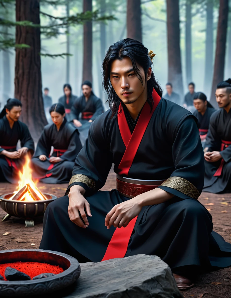 3d The image shows a Korean man with long dark hair , with brown eyes,  dressed in black clothes with red trim and a belt . the magician ,  He has a stone ornament on his neck .  In the background, a group of people is sitting around a fire in the forest ,  creating the atmosphere of a mystical ritual or open-air meeting.  game art matte painting ,  oil painting in high detail, hyperdetailed 3D matt painting , computer game scene ,wlop and andrei riabovitchev , charlie bowater и artgeem,  Edmund Blair and Charlie Bowter  , seductive cyberpunk dark fantasy,  High resolution commission , style of charlie bowater, Чарли Боуотер и Том Бэгшоу  realistic image , masterpiece,  artwork ,  hyperrealistic, rendering ,  realistic physical rendering ,  photorealistic rendering ,  highly detailed ,  high-quality render ,  architectural rendering ,  very realistic 3D render ,  realistic image 