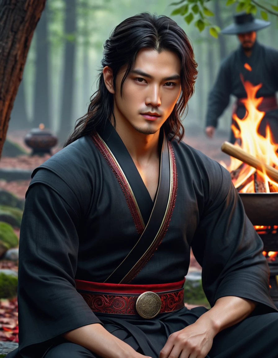 3d The image shows a Korean man with long dark hair , with brown eyes,  dressed in black clothes with red trim and a belt . the magician ,  He has a stone ornament on his neck .  In the background, a group of people is sitting around a fire in the forest ,  creating the atmosphere of a mystical ritual or open-air meeting.,  game art matte painting ,  oil painting in high detail, hyperdetailed 3D matt painting , computer game scene ,wlop and andrei riabovitchev , charlie bowater и artgeem,  Edmund Blair and Charlie Bowter  , seductive cyberpunk dark fantasy,  High resolution commission , style of charlie bowater, Чарли Боуотер и Том Бэгшоу  realistic image , masterpiece,  artwork ,  hyperrealistic, rendering ,  realistic physical rendering , hyper  realistic illustration,  realistic illustration, photorealistic detail  , hypper  realistic illustration, extreme realistic detail, photorealistic detail  ed picture, with unreal engine render concept art , ), Ultra-подробно and beautiful face,(  Gentle facial expression  :1.1), translucent white skin ,( realistic skin texture:1.1), , Bold design  , art design  ,красивый and подробно pattern,  detailed fabric texture ,  ((подробно backgroun профессиональная величественная масляная  realistic image , masterpiece,  artwork ,  hyperrealistic, rendering ,  realistic physical rendering ,  photorealistic rendering ,  highly detailed ,  high-quality render ,  architectural rendering ,  very realistic 3D render ,  realistic image ,