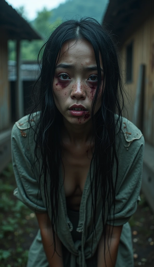 (Female Zombies), 美丽的面容、Tattered ruined clothes, Rotten skin, Dirty muddy hair, Blind, Wide Angle, detailed environment, Detailed background, Highly detailed, Convoluted, Detailed skin, Natural colors, professionally color graded, Photorealism, 8K, Moody lighting,Background is living room