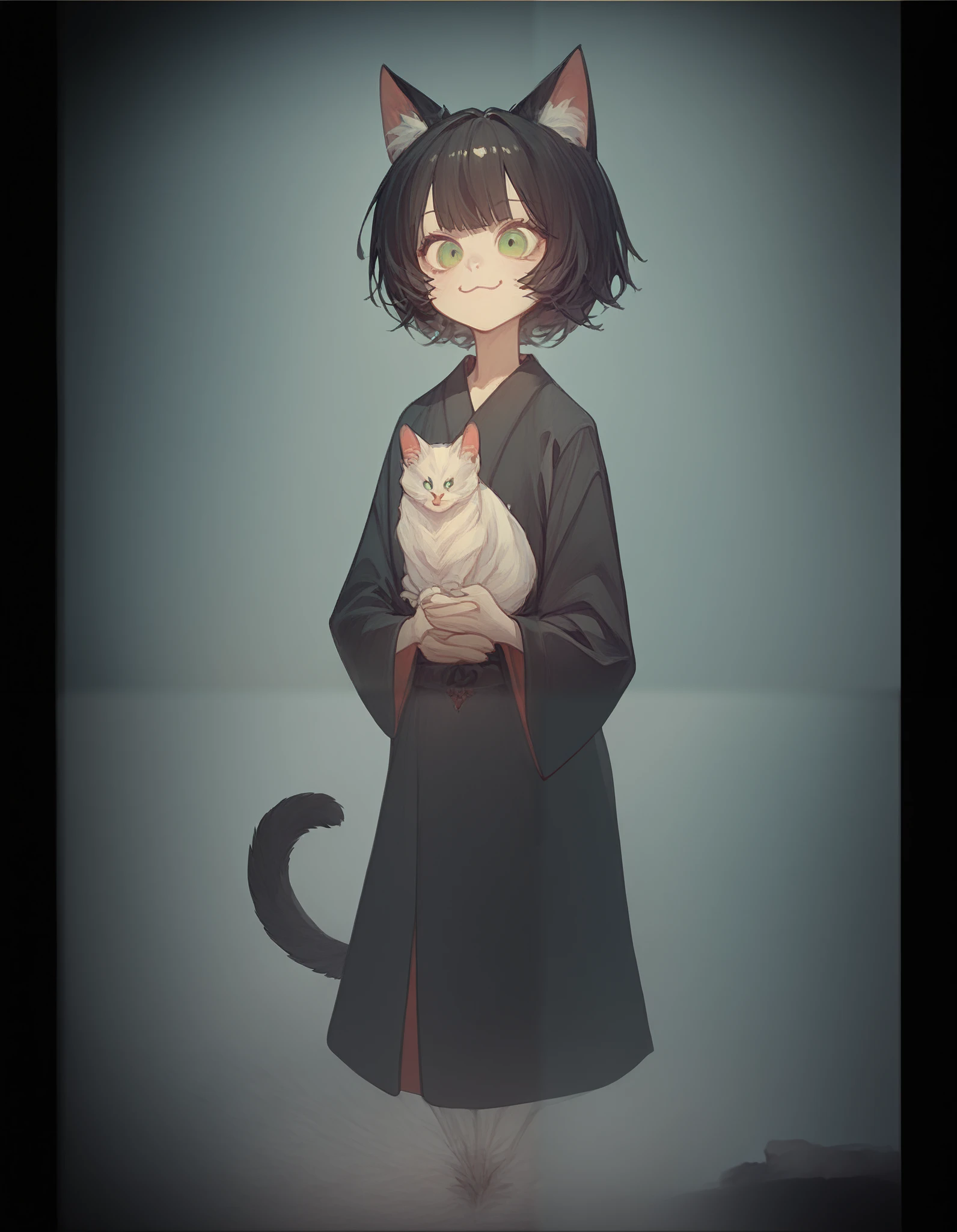 girl,Half a cat,Cat ears,Black hair, in the green eye,Short hair, flat chest, Black Long Sleeve Top,Black yukata,With cat's tail ,There is a cat ,ronin, chainsaw blood, evil smile ,