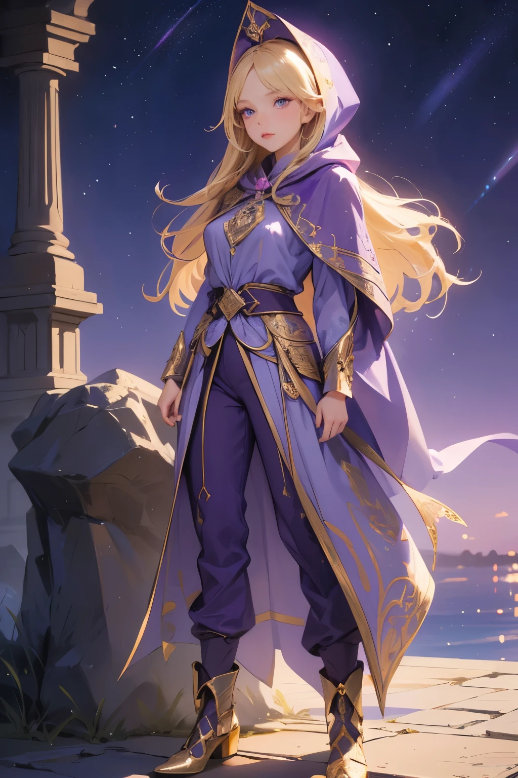 A beautiful girl, long hair, blonde hair, (detailed face: 1.4), (dressed in a blue cloak, hood covering the face), blue eyes, perfect nose, pink lips, (purple shirt with gold drawings), medium breasts, (purple pants with gold drawings), (full body), (standing on a stone), at night, cliff, flashes of light,