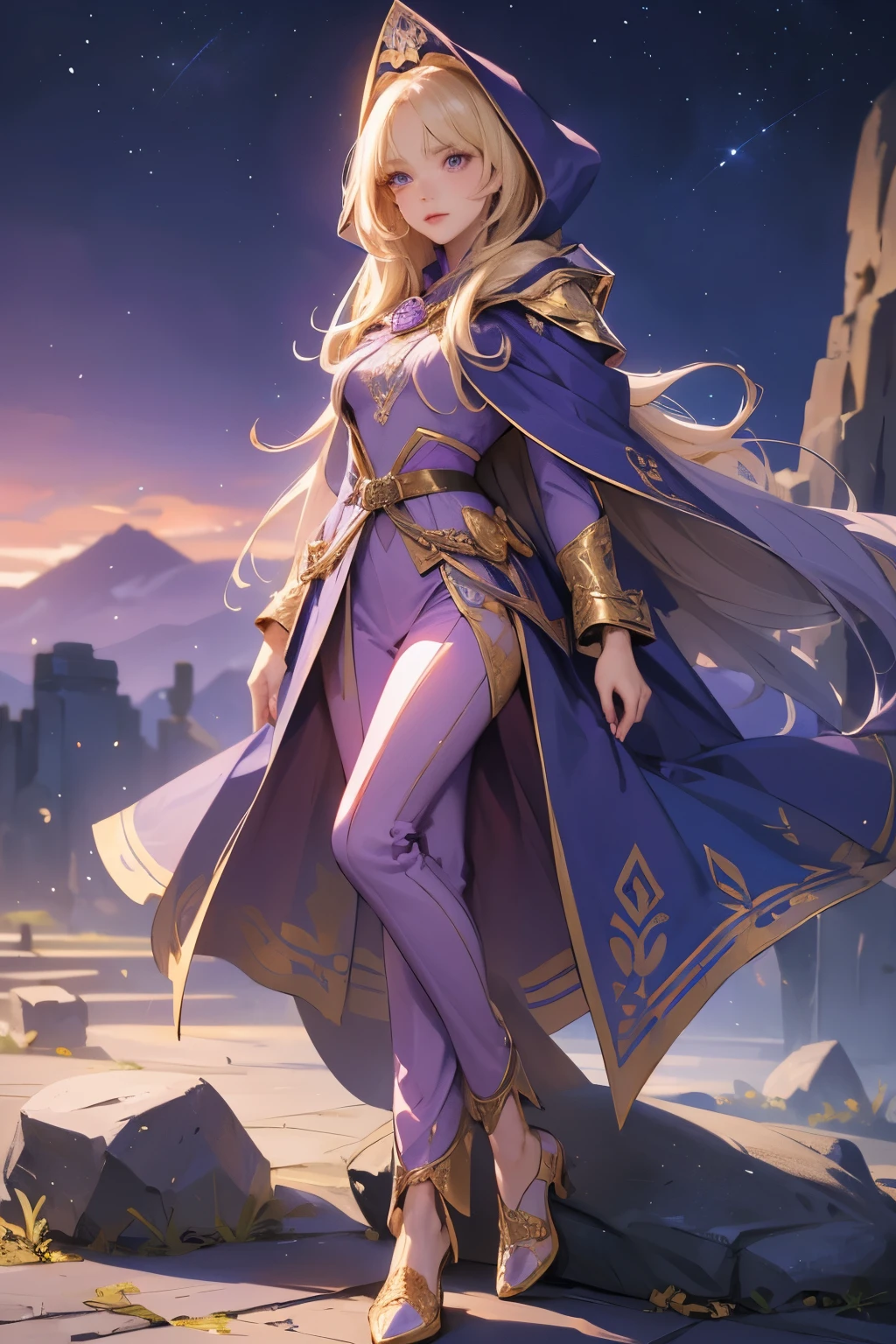 A beautiful girl, long hair, blonde hair, (detailed face: 1.4), (dressed in a blue cloak, hood covering the face), blue eyes, perfect nose, pink lips, (purple shirt with gold drawings), medium breasts, (purple pants with gold drawings), (full body), (standing on a stone), at night, cliff, flashes of light,