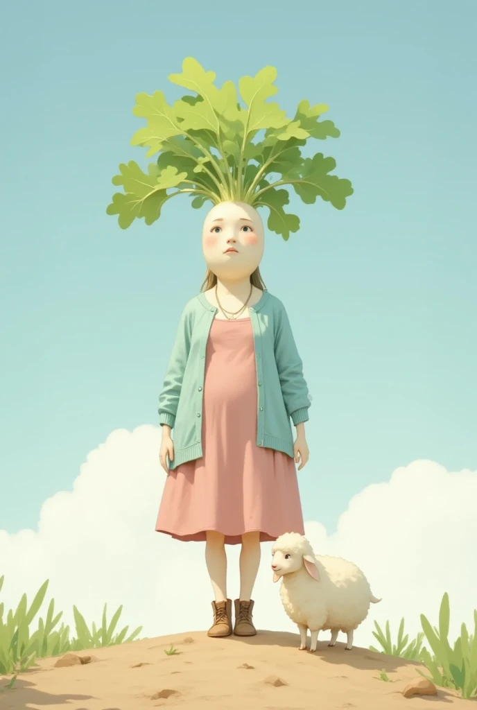 gnawed by 、 cute daikon woman with green leaf hair,  pink dress,  sky blue cardigan ,  brown boots ,  sheep standing in the dirt