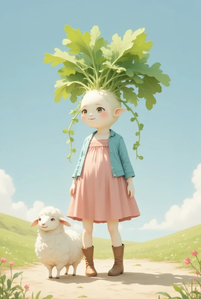 gnawed by 、 cute daikon woman with green leaf hair,  pink dress,  sky blue cardigan ,  brown boots ,  sheep standing in the dirt