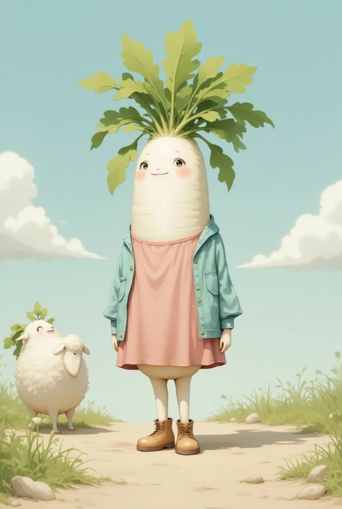 gnawed by 、 cute daikon woman with green leaf hair,  pink dress,  sky blue cardigan ,  brown boots ,  sheep standing in the dirt