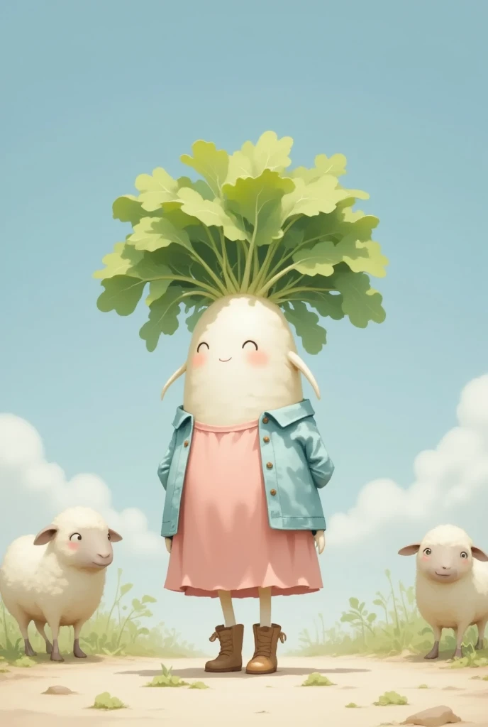 gnawed by 、 cute daikon woman with green leaf hair,  pink dress,  sky blue cardigan ,  brown boots ,  sheep standing in the dirt