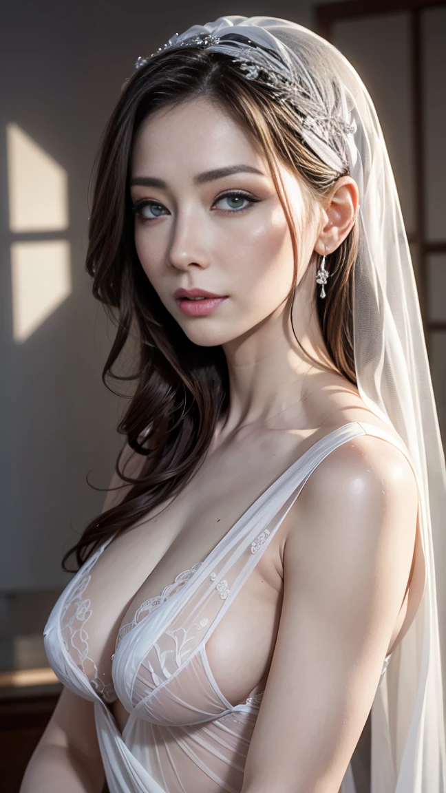 a 30-year-old woman in a sheer white slip, photorealistic, surreal, hyperdetailed, high quality,masterpiece, extremely detailed face, beautiful detailed eyes, beautiful detailed lips, longeyelashes, porcelain skin, chiaroscuro lighting, cinematic composition, dreamlike, ethereal, surreal atmosphere, moody, dramatic