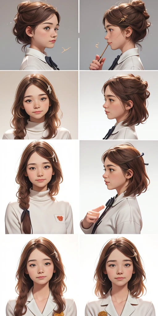 (masseter part,best quality,ultra-detailed),(character sheet:1.2),full body,front view,side view,back view,golden eyes,bright pupils,delicate hair ornaments,long gray hair smooth, bow ribbon, bright smile, Uniforms, Reference Table, nffsw, precise, super detail, SolidBackground, high detail, 4k, dagger decoration, same character, topless, crothless