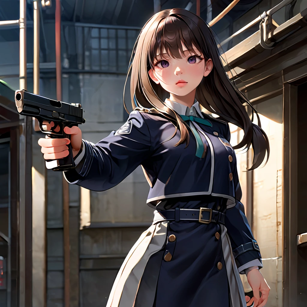   Masterpiece , best quality,  very detailed 8k wallpaper  , 1 girl, check it out,Purple Eyes, Licorice uniform, standing,smile,Pistol,holding Pistol,