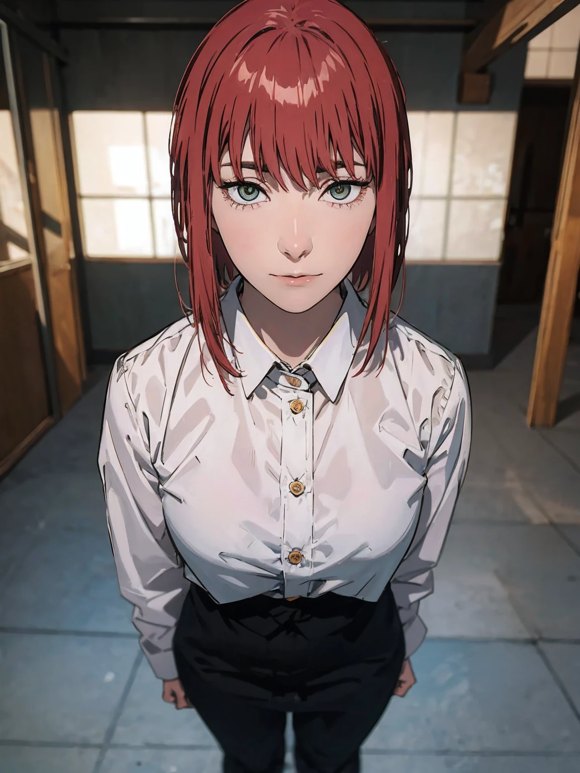 ( Front View ) Woman standing with her hands together in front of her chest, (Makima、 shirt,  ties, pants:0.5) (Realistic detailed face), ( High Details ), , Symmetrical face, Detailed Students, 's expressive eyes , Real Photo, Contemporary look, 
