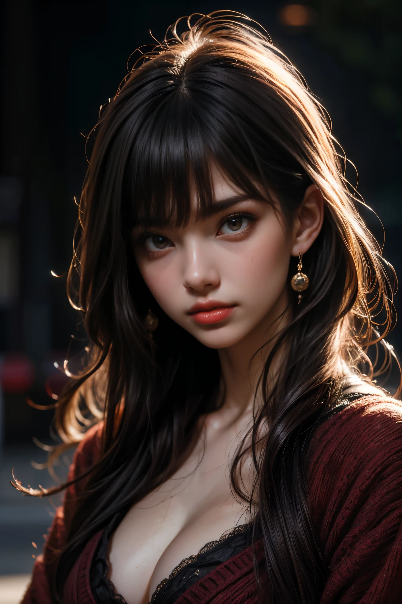 High quality, high resolution, ultra-realistic photos. 20s, Japanese beauty, princess eyes, plump lower lip, ultra-realistic idol style, arrogant, provocative attitude, suspicious expression, hostile, dark and smoky background.
