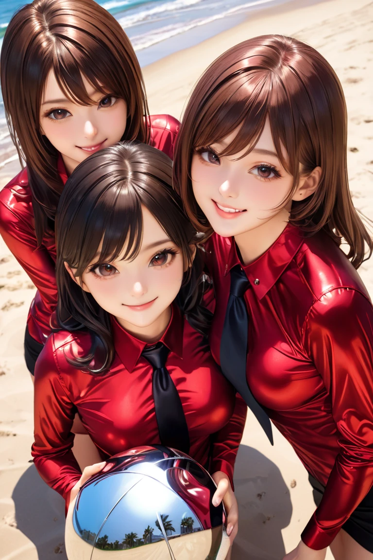 4 girls buttoned in extremely tight shiny dark red metallic blouse,Necktie, high resolution ,  masterpiece, volumizing hair, Pointed hair ,  brown hair , Breasts, smile, Lens reflection, Reflected light, are on the beach, Play with the ball 