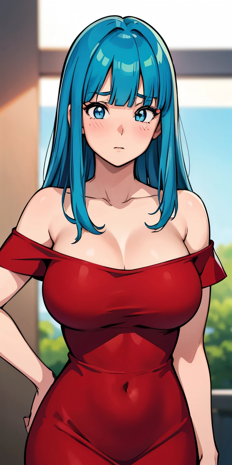 1 Female,High definition,high resolution,Ultra-realistic,8K, 1girl,maron,(red short dress), bare shoulder,(blue eyes,aqua hair,blunt bangs),off shoulder, large breasts,European,sexy,Upper body close-up,Photographed from the front,Dynamic Angles,(blush), (medium tits) 