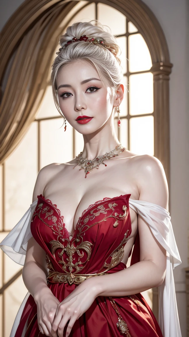 masterpiece, highest quality, 1 woman, 30-year-old, ((red lip dress, white skin)), Surrealism, chiaroscuro lighting, dramatic shadows, oil painting, rich colors, ornate background, dreamlike, ethereal, intricate details, captivating gaze, porcelain skin, elegant pose, flowing dress, mesmerizing