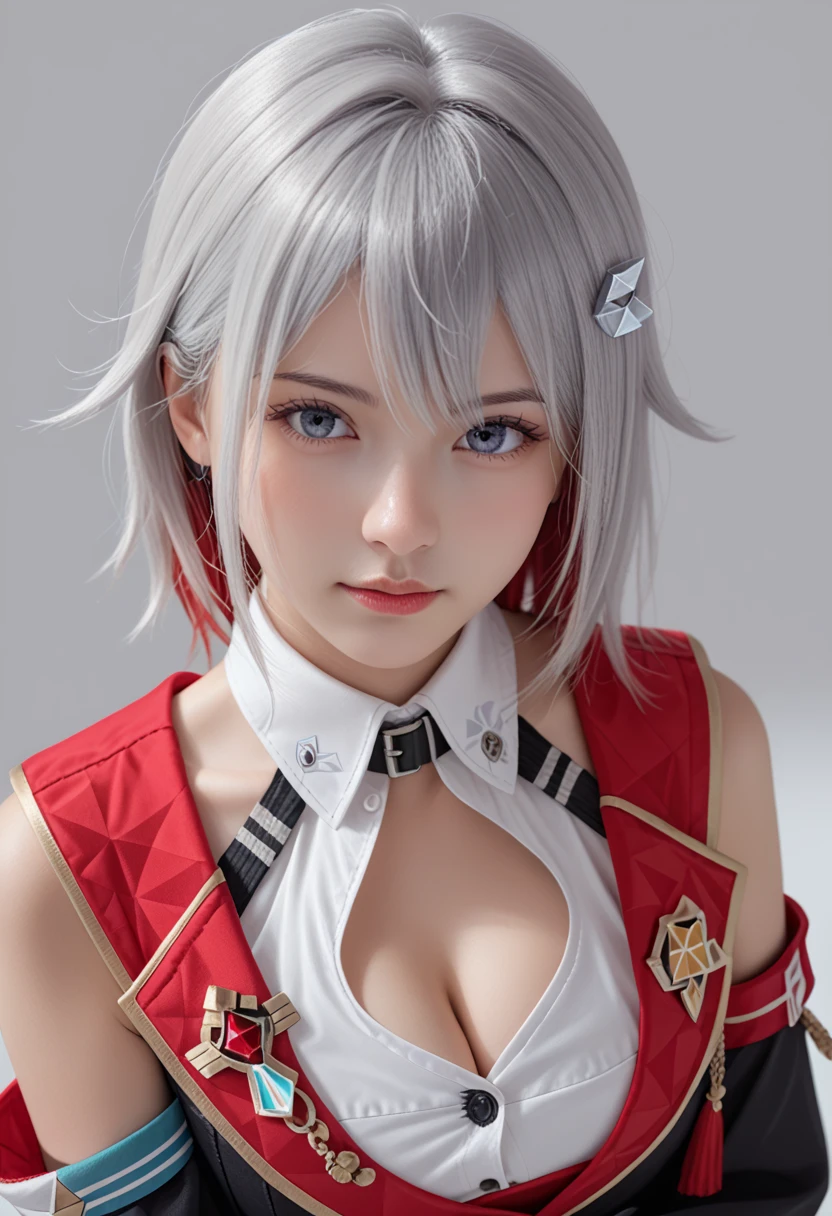  hair ornament, hairpin, silver hairpin, black detached sleeves, black hand sleeves, red shoulder cutout, white collared shirt, unbuttoned shirt, gloves, cleavage, cleavage cutout, clothing cutout, topaz honkai star rail, photorealistic portrait, HD 8K, detailed skin face, transparent background, simple portrait photography, make up, cute s gilrl, from above, looking at viewers, white skin