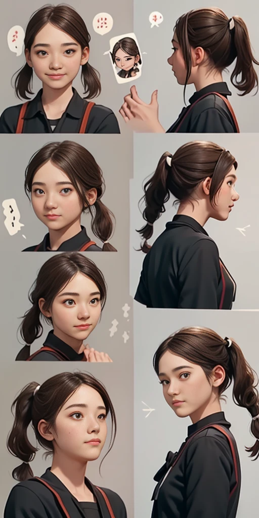 (21yr), (curious face), (pale skin), (dark black hair), ((pigtail:1.2)), (black eyes), (best quality, ultra-detailed), (character sheet:1.2), full body, front view, side view, back view, delicate hair ornaments, long gray hair smooth, bow ribbon, bright smile, Uniforms, Reference Table, nfsw, precise, super detail, SolidBackground, high detail, 4k, dagger decoration, same character