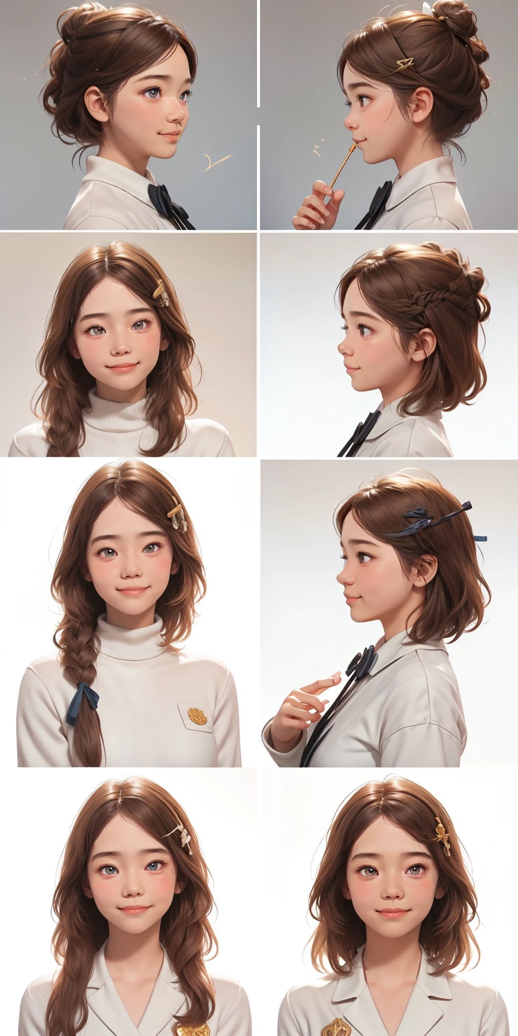 (masseter part,best quality,ultra-detailed),(character sheet:1.2),full body,front view,side view,back view,golden eyes,bright pupils,delicate hair ornaments,long gray hair smooth, bow ribbon, bright smile, Uniforms, Reference Table, nffsw, precise, super detail, SolidBackground, high detail, 4k, dagger decoration, same character, topless, crothless