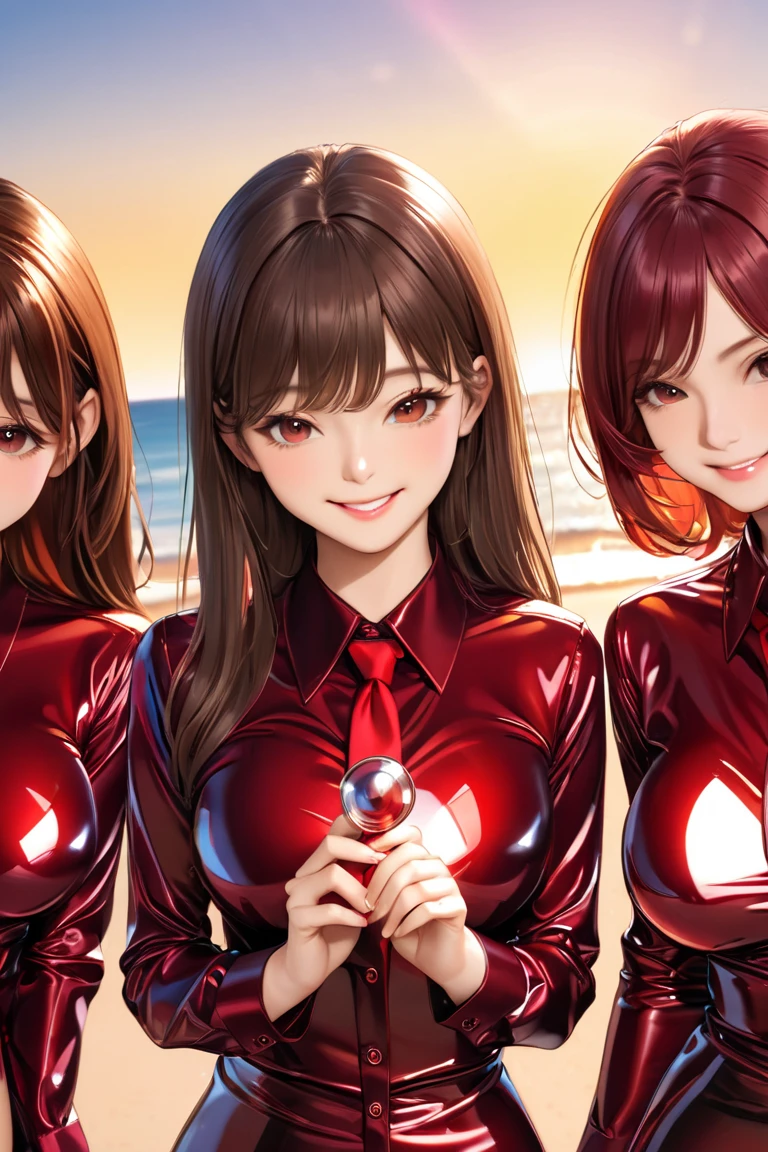 4 girls buttoned in extremely tight shiny dark red metallic blouse,Necktie, high resolution ,  masterpiece, volumizing hair, Pointed hair ,  brown hair , Breasts, smile, Lens reflection, Reflected light, are on the beach,  dildoing in the hand