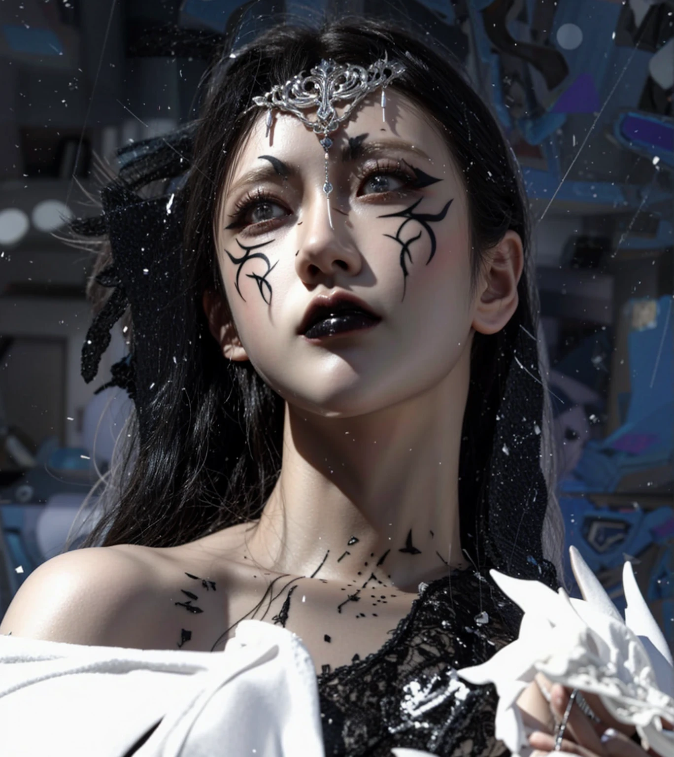 black and white kimono、There are many black feathers on the head,,,、Black eyeliner and black eye shadow、detailed face、detailed facial expression、shoot from the waist up、dynamic pose、colorful makeup、cool face paint、
