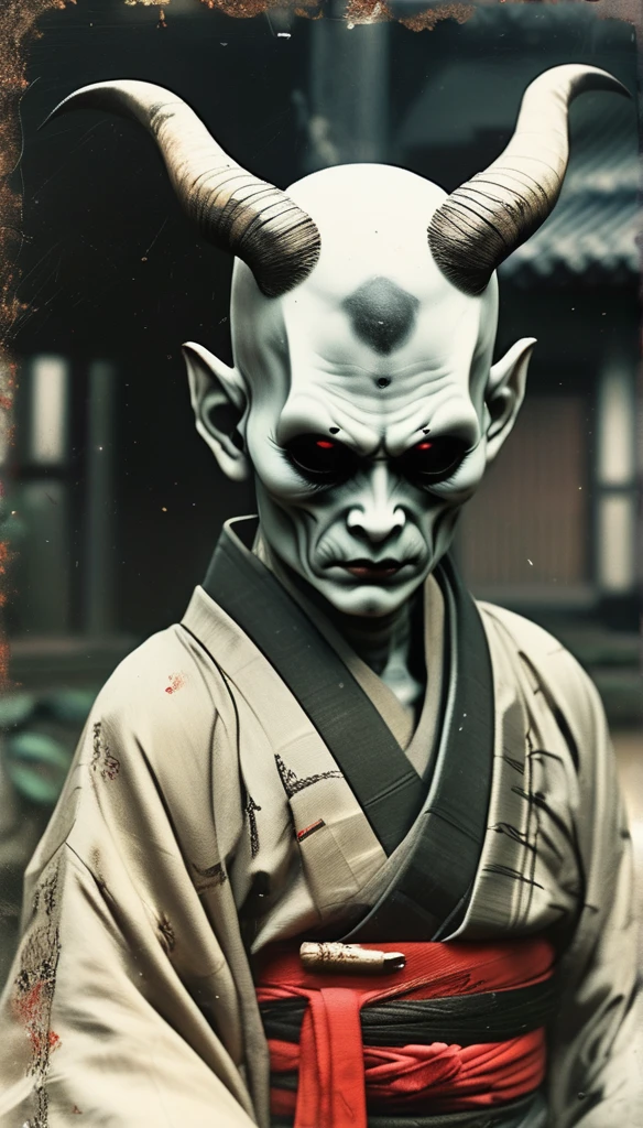 ghost、Baldhead、Only the head is abnormally large、There is a red and black lump on the forehead,The horns grow out、cry、Wearing a Kimono,Dirty skin color、