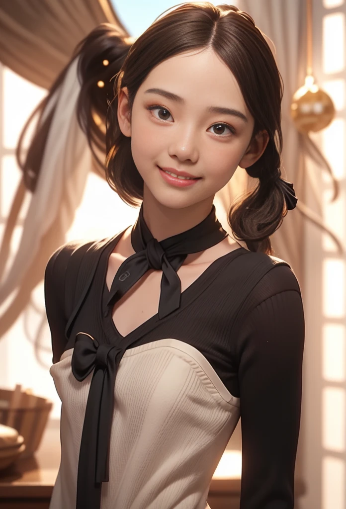 (21yr), (curious face), (pale skin), (dark black hair), ((pigtail:1.2)), (black eyes), (best quality, ultra-detailed), (character sheet:1.2), full body, front view, side view, back view, delicate hair ornaments, long gray hair smooth, bow ribbon, bright smile, Uniforms, Reference Table, nfsw, precise, super detail, SolidBackground, high detail, 4k, dagger decoration, same character