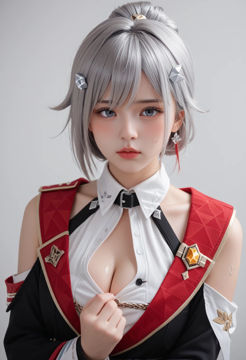  hair ornament, hairpin, silver hairpin, black detached sleeves, black hand sleeves, red shoulder cutout, white collared shirt, unbuttoned shirt, gloves, cleavage, cleavage cutout, clothing cutout, topaz honkai star rail, photorealistic portrait, HD 8K, detailed skin face, transparent background, simple portrait photography, make up, cute s gilrl, looking at viewers, white skin, folded ponytail, eye looking at viewers, sexy lips, masturbating, shy, blushing, sweating, sexual invite expression, pouting