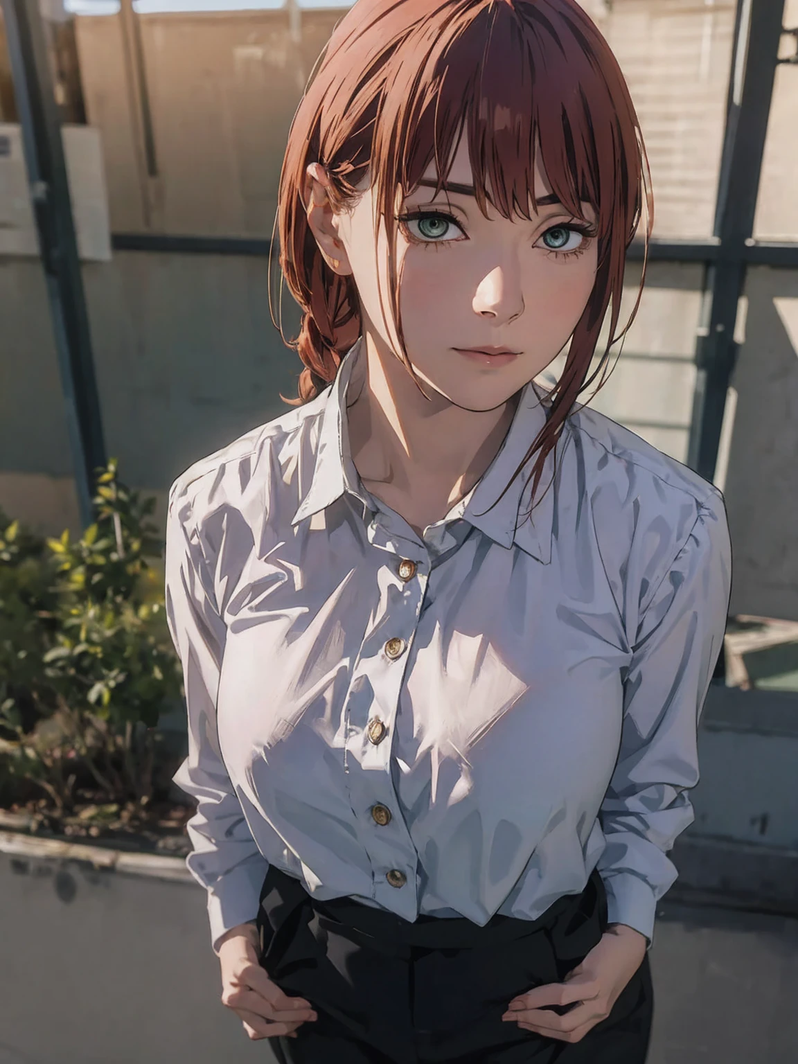 ( Front View ) Woman standing with her hands together in front of her chest, (Makima、 shirt,  ties, pants:0.5) (Realistic detailed face), ( High Details ), , Symmetrical face, Detailed Students, 's expressive eyes , Real Photo, Contemporary look, 
