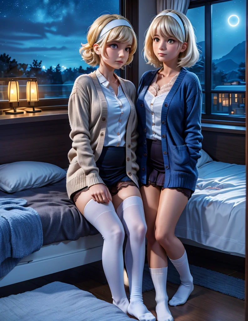 Two Women .(Nightsky).window (8k)  Inside bed room. autumn.  y-shirt. (Lace). Line-up  .  sit. White.goldhair  .tights .socks. Neon.glowing hearts. Cardigan. Headband