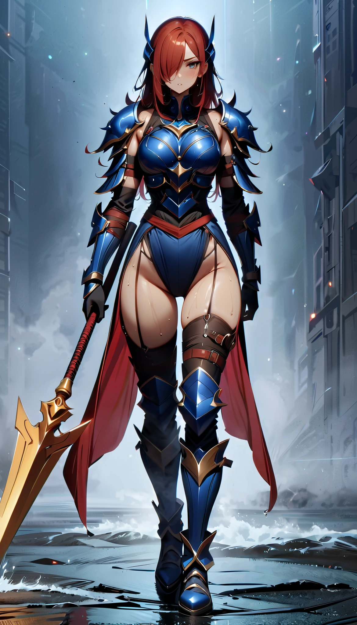 full body sitting on a bench showing ass to me, BLUE breastplate, BLUE skin (1girl)(BLUE skin:1.2) looking at viewer, shiny, armor, thigh highs, high boots, pauldrons shoulder armor, faulds, poleyn, gloves, gauntlets, rerebrace armored boots, (masterpiece, best quality, ultra-detailed, best shadow) yordle pointy ears muscular lean platinum blonde long twin-tails hairstyle at the office lustful smirking smile face red blushed, blush, strong abs, female body builder, tiara, twin drills hair